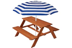 Best Choice Products Kids Wooden Picnic Table, Outdoor Activity & Dining Table w/Adjustable Collapsible Umbrella, Built-in Seats - Golden Brown/Navy