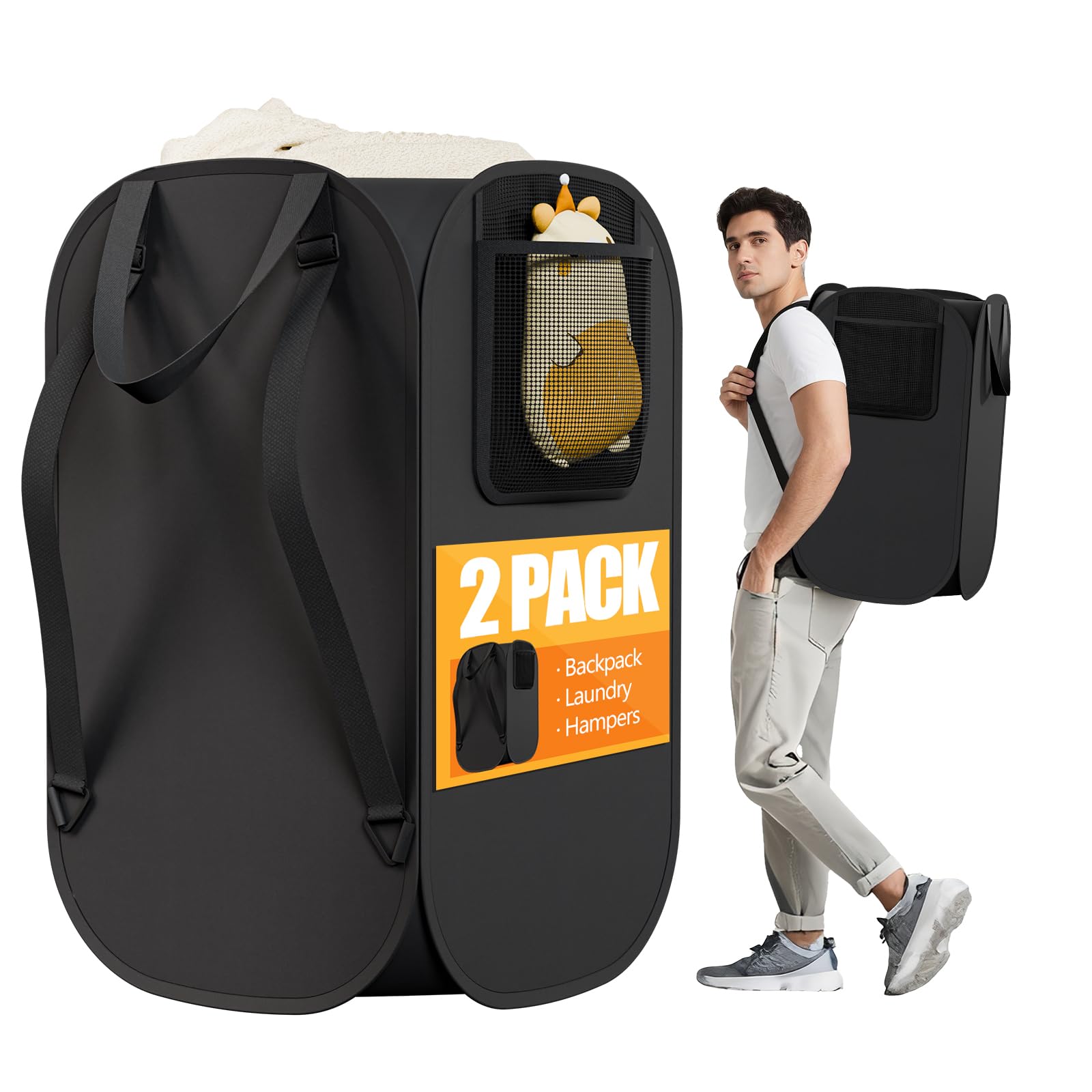 Photo 1 of 2 Pack Collapsible Backpack Laundry Bag Made by Strong Polyester Oxford Cloth, 76L Heavy Duty Large Hamper with Adjustable Shoulder Strap, Foldable Basket with Mesh Pocket for Dorm, Travel, Apartment