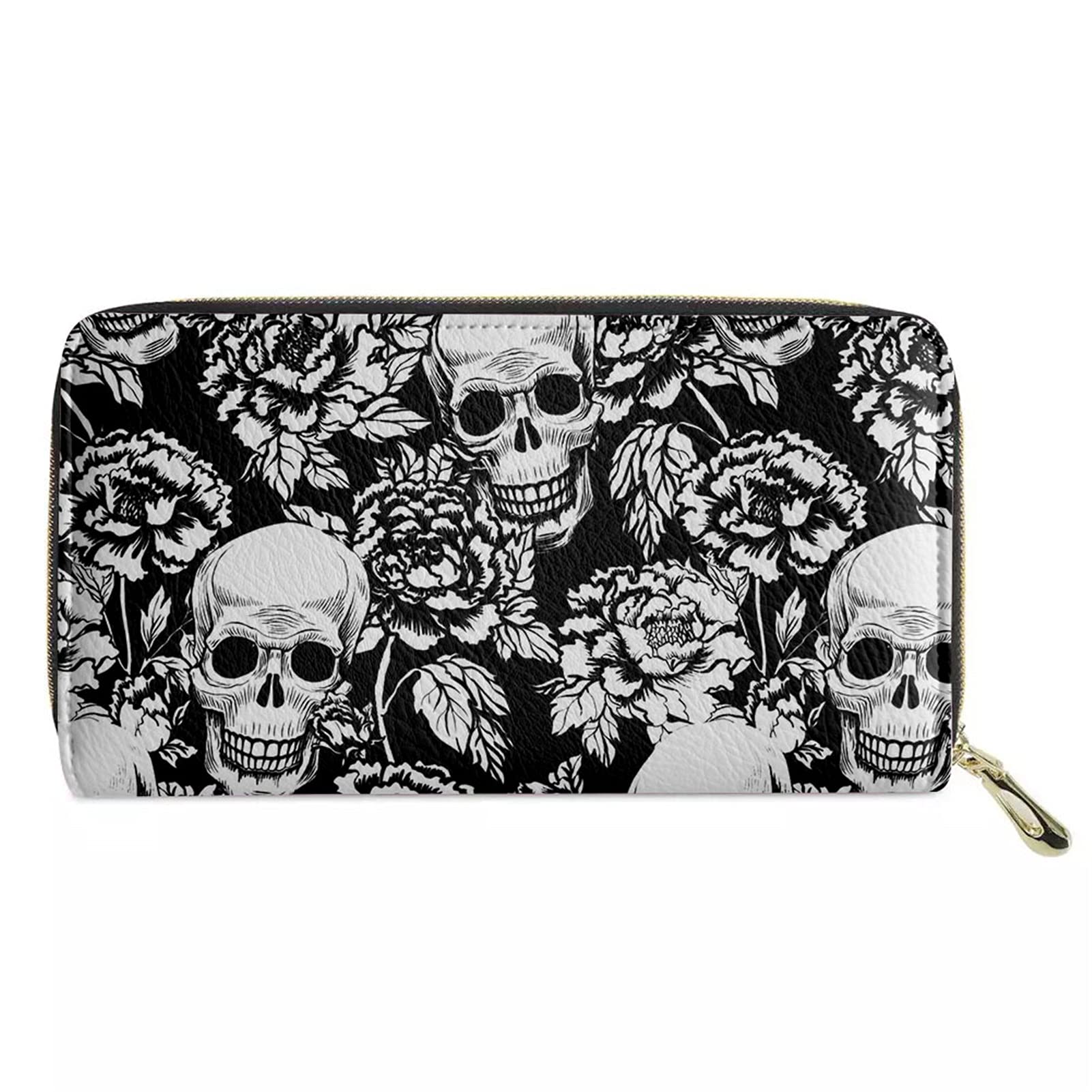 Biyejit Skull Flowers Print Womens Wallet Leather Zip Around Phone Clutch Large Travel Purse