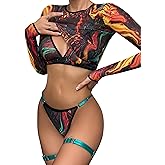 popiv Women 4 Piece Sexy Mesh Lingerie Set Rave Outfits Long Sleeve Crop Tops Bra and Panty Sets