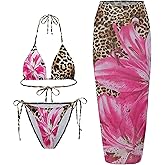 BEAUDRM Women's 3 Piece Leopard Floral Bikini Sets Cheetah Halter Triangle Tie Back Swimsuit with Cover Up Skirt