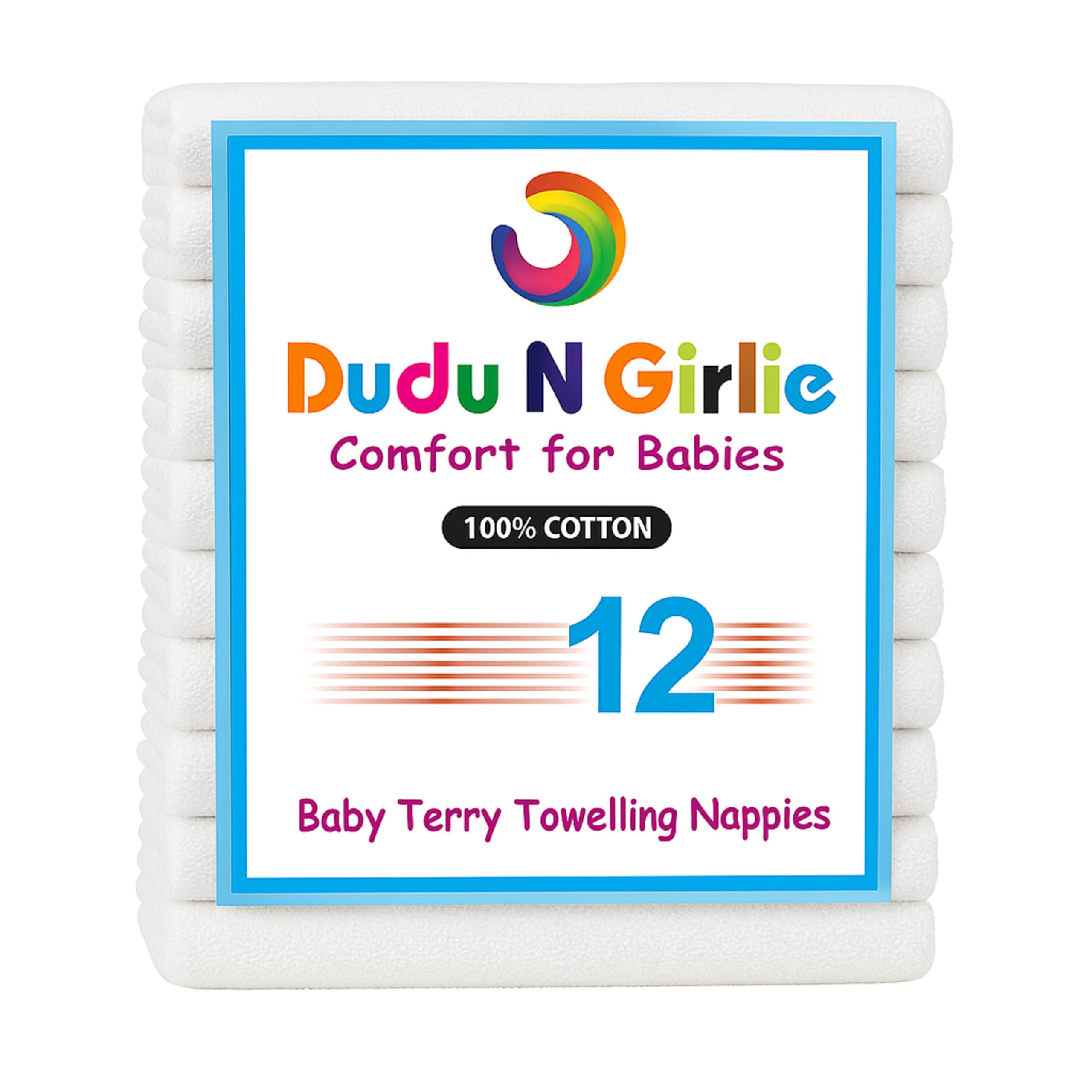 DUDU N GIRLIE 12 x Supreme Quality Terry Towelling Baby Nappies,100% Super Soft Cotton Approx Size 61cms. x 61cms. - (24ins. x 24ins.) Very Absorbent - Durable.