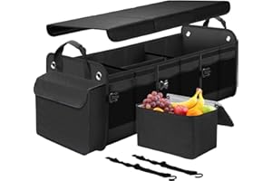 MOJIOO Large Trunk Organizer for Car, SUV, Truck with Removable Cooler Bag-Collapsible Multi Compartments w/Foldable Cover, Non Slip Bottom Cargo Storage (Black)
