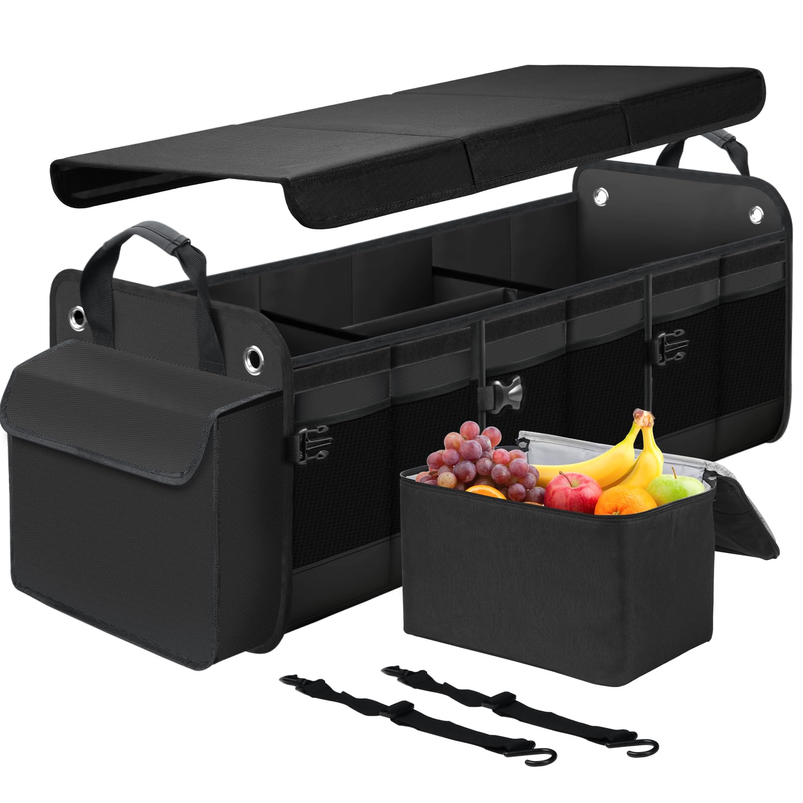 MOJIOO Large Trunk Organizer for Car, SUV, Truck with Removable Cooler Bag-Collapsible Multi Compartments w/Foldable Cover, Non Slip Bottom Cargo Storage (Black) Image