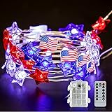 Mocossmy 4th of July String Lights,13.8 Ft USA Flag Red White Blue Stars Independence Day Decorative LED String Lights for Ho