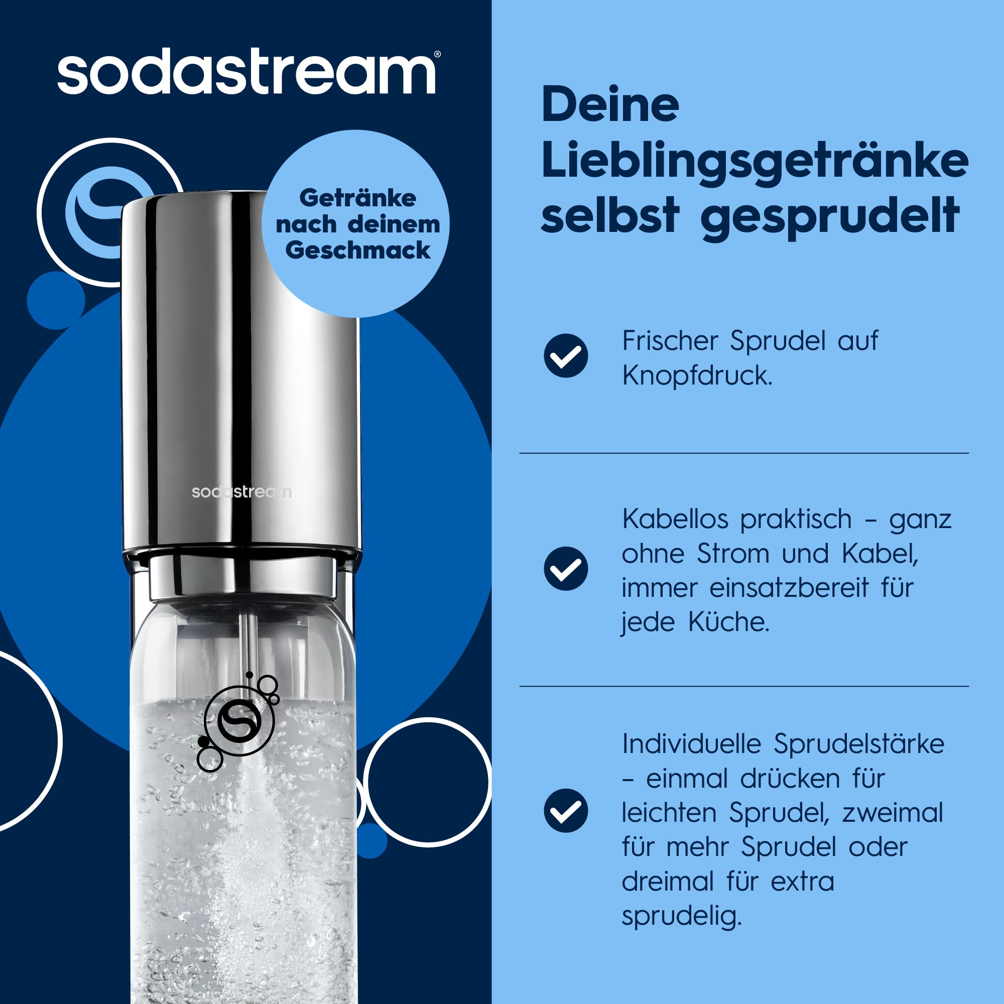 Sodastream ENSO Wassersprudler, Edelstahl Wassersprudler mit Quick Connect CO2-System, inkl. 1 CO2-Zylinder für bis zu 60L Sprudelwasser und 1 ENSO Sprudlerflasche, Sprudelwasser Maschine, Silber 4