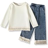 Voxikidio 3-7 Years Toddler Girls Pants Set - Tassel Top & Washed Denim Pants Fall Winter Clothing Outfits Set for Girls