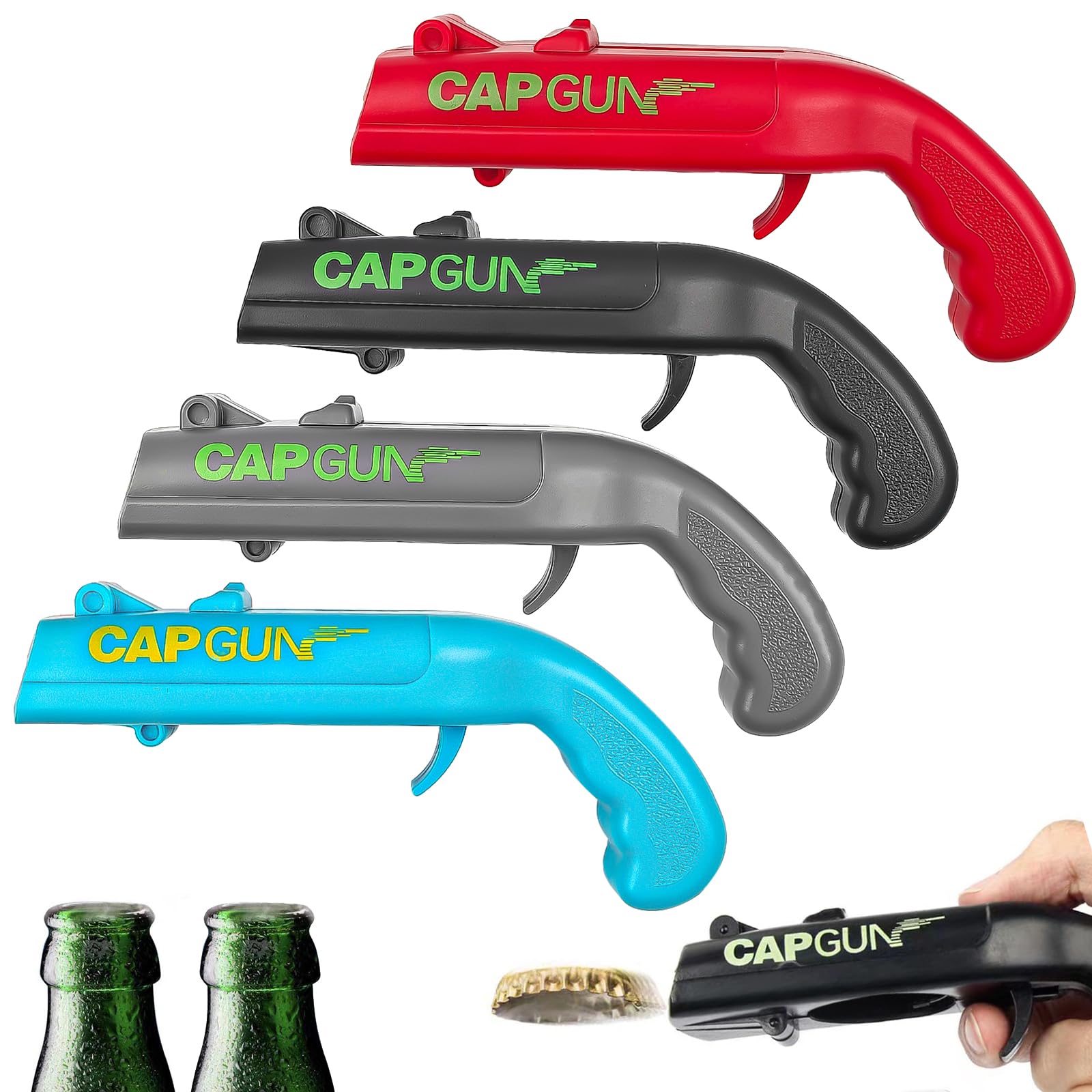 4 Pcs Beer Bottle Opener Cap Gun, Funny Cap Gun Bottle Opener Launcher Shooter, Caps for Cap Gun for Shooting Game Home Bar Party Christmas, Gift for Him(Black, Grey, Red, Blue)