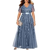 Pinup Fashion Plus Size Formal Dresses - Evening Gowns Wedding Sequin Embroidery V-Neck Prom Long Dress