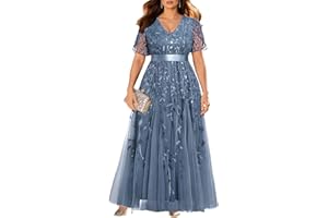 Pinup Fashion Plus Size Formal Dresses - Evening Gowns Wedding Sequin Embroidery V-Neck Prom Long Dress