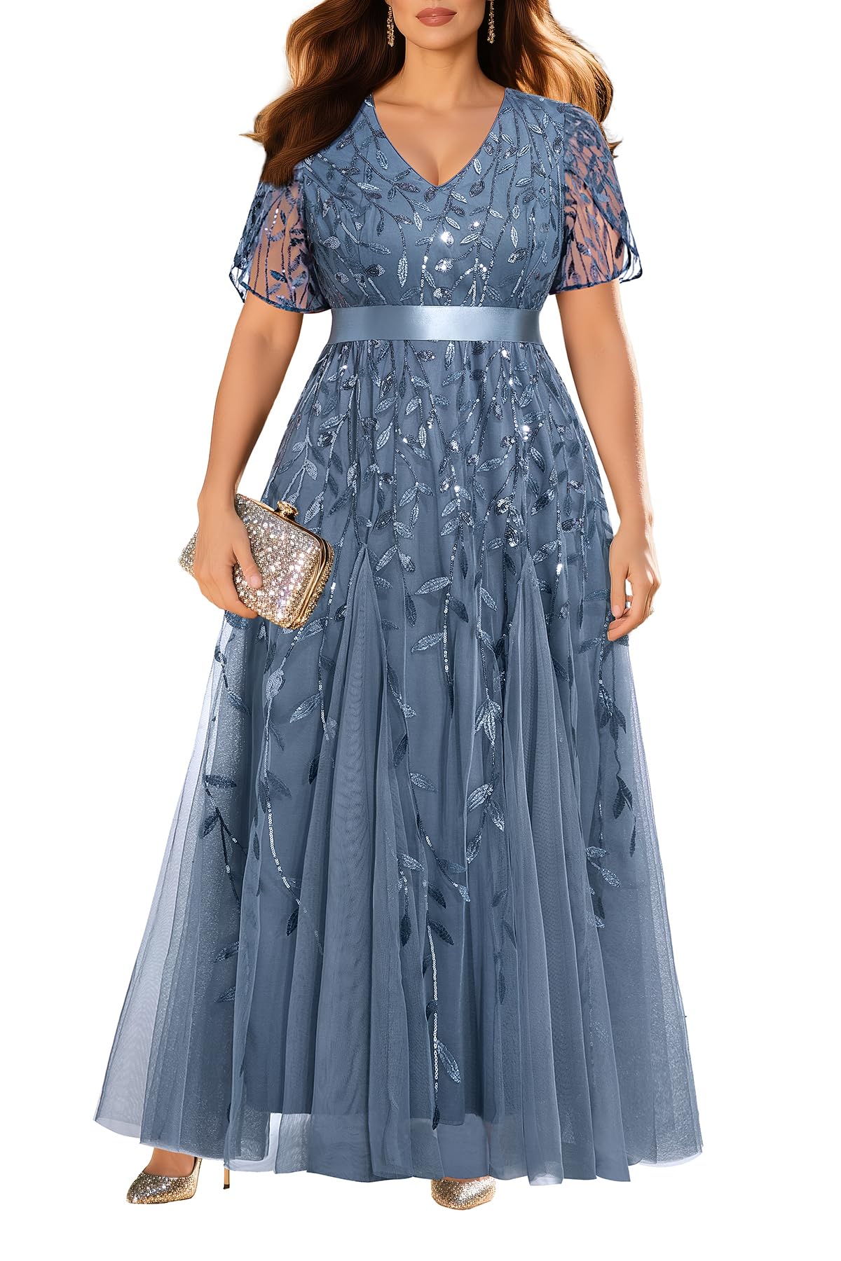 Photo 1 of (XXL) (USED/FAIR) Mother of The Bride Dresses Plus Size Dusty Haze Blue Formal Wedding Guest Evening Gowns Elegant Prom Long Dress Sleeves XXL