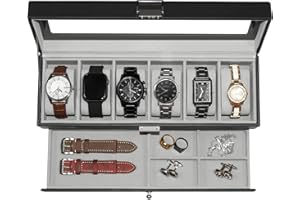 GLOBAL KA Watch Box, 6 Compartment Watch Display Box with Drawers, Men's Watch Box with Glass Lid, 2 Tier Jewelry and Watch Organizer, Unisex Watch Rack Organizer