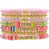 RINTOLER Friendship Bracelets for Women - Heishi Surfer Colorful Smile Evil Eye Clay Beaded Stretch Bracelets Elastic Layering - Stackable Boho Disc Y2K Aesthetic Summer Jewelry Set.