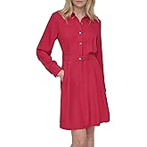 DKNY Women's Long Sleeve Collared Neck Button Front Mini Dress with Pockets