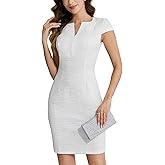 M.Infisavo Women Pencil Dress Notch V Neck Cap Sleeves Tweed Dresses for Work Office Daily