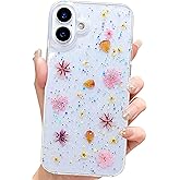 Abbery for iPhone 16 Case Floral Cute Clear Pink Bling Glitter Floral Design, Sparkly Soft TPU Dried Pressed Flowers Women Girls Girly Aesthetic Shockproof Protective Phone Cover