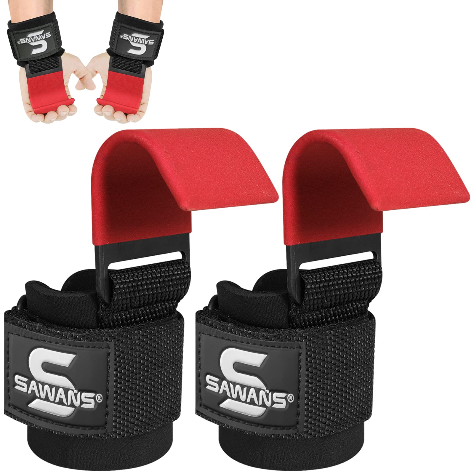 Lifting Hooks Non-Slip Coated Heavy Duty Solid Steel Neoprene Thick Padded Wrist Support Pair of Weight Lifting Gym Straps Deadlifts Chin Pull Up Fitness Bar Grip Strength Training Equipment (Red)