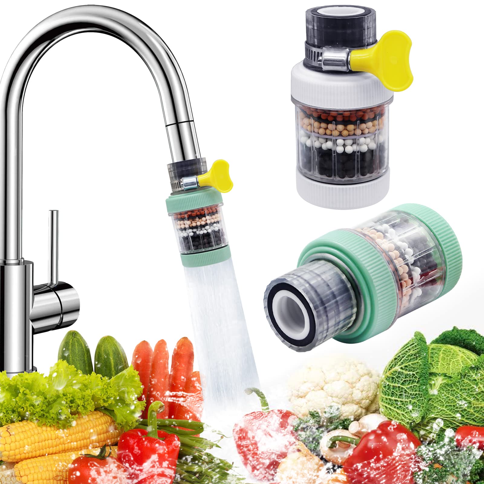 Faucet Water Filter Tap, Uooker 2 Pcs Activated Carbon Tap Filter, Kitchen Hard Softener Removes Chlorine Fluoride Heavy Metals for Home Bathroom, Pink