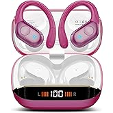 Qecnato Wireless Earbuds Bluetooth 5.4 Headphones 75H Stereo Deep Bass Sports Over Ear Buds with Earhooks, LED Display Bluetooth Earbuds with 4 ENC Mic, IP7 Waterproof Earphone for Running, Rose Gold