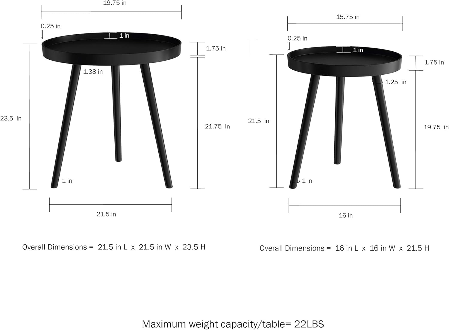 Lavish Home Contemporary Decor and Home Accent Table with Tray Top (Black, Set of 2),: Furniture & Decor