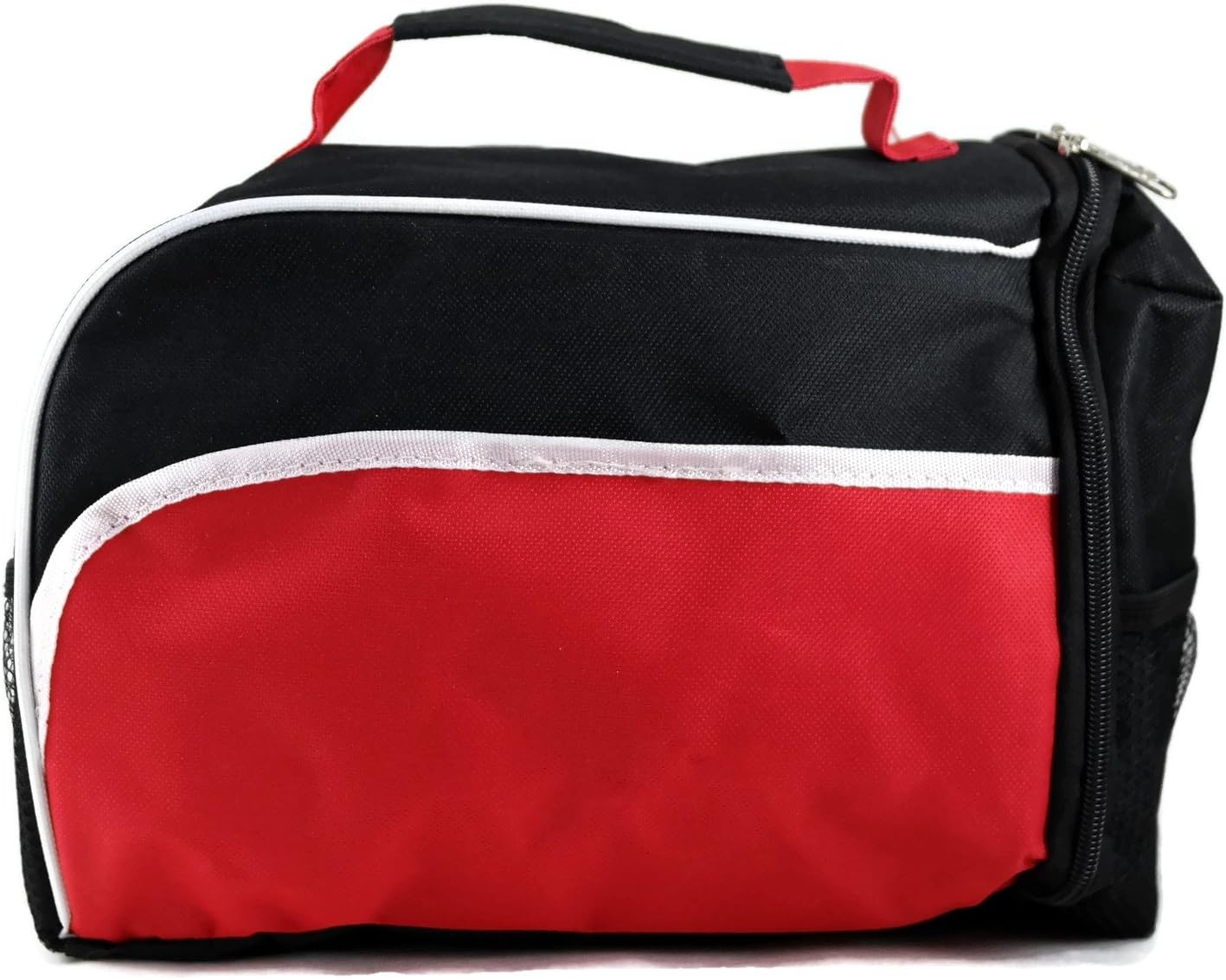 Hit Side Opening Zipper Insulated Lunch Tote Bag with Mesh Side Pouches (Red Black)