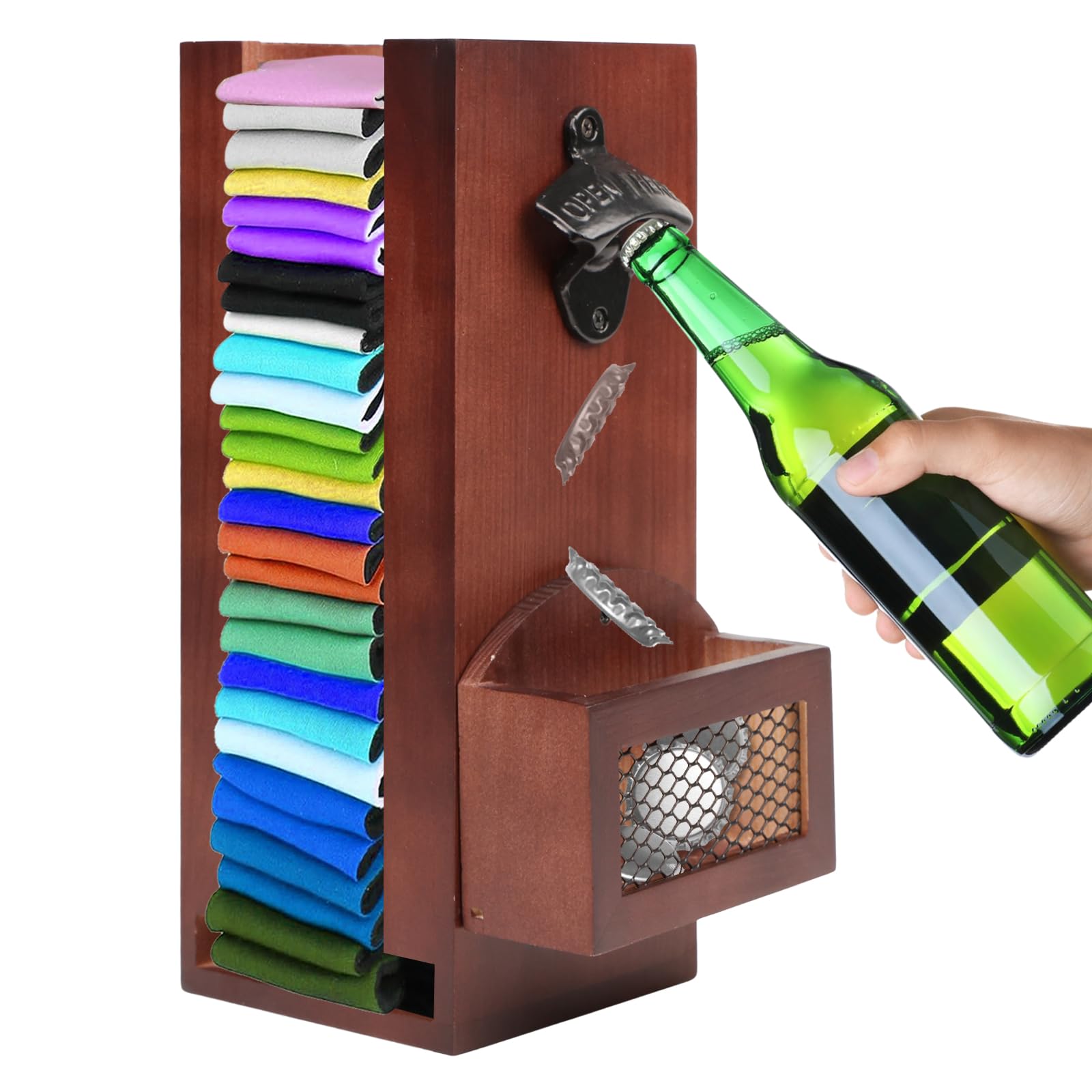 Photo 1 of 3 in 1 Wall Mounted Wooden Can Cooler Holder with Bottle Opener and Cap Collector,Can Store 30 Beer Sleeves, Wooden Beer Can Sleeve, Great Gift for Beer Lovers, 12 inches (Grey)