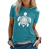 Graphic Tees for Women Vintage Sea Turtle T Shirts Hawaiian Beach Tshirts Summer Casual Short Sleeve Tops