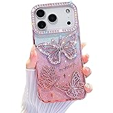 Fycyko Compatible for iPhone 17 Pro Case with Luxury Glitter Plating Cute Butterfly Rhinestone Sparkly Design Aesthetic Women Girls Shiny Bling Camera Protective Cover-Pink