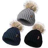 Kids Winter Hat Toddler Stretchy Knitted Beanie with Faux Fur Pom Poms Beanie for Baby Girls Boys