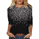 Sequin Printing Shirt for Women 3/4 Sleeve Loose Fit Trendy Spring Fall Blouse Crewneck Tops Wear to Party Vacation