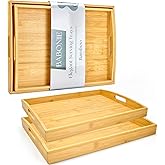 BABONIE Bamboo Serving Tray with Handles Set of 2 - Decorative Wooden Trays for Eating, Working, and Storing, Suitable for Use in Bedroom, Living Room, Kitchen, Bathroom, Outdoor Scenarios and More