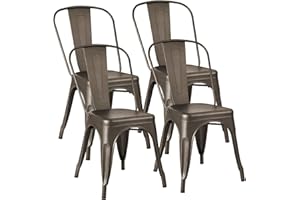 JUMMICO Metal Dining Chair Stackable Indoor Outdoor Industrial Vintage Chairs Bistro Kitchen Cafe Side Chairs with Back Set of 4 (Gun)