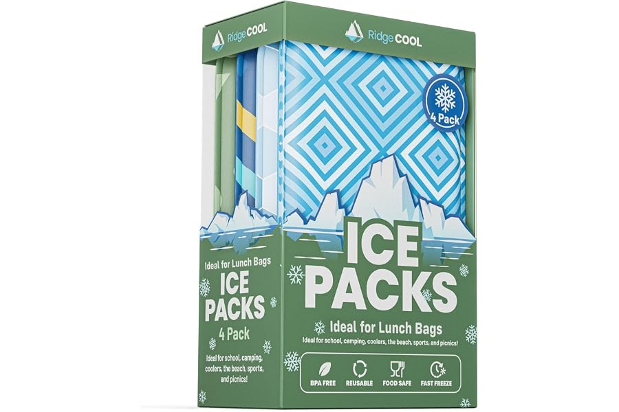 4 Pack Slim Ice Packs for Lunch Boxes, Reusable Kids Cold Packs for Coolers | Fun Sports Design, 4.5"x6" Stays Cold Up to 12 Hours, Small Ice Packs for Kids, BPA-Free