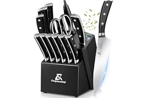 Knife Set with Block, Kitchen Chef Knives Set with Sharpener, Stainless Steel Knife Block Set, 6 Pcs Steak Knife Set Serrated
