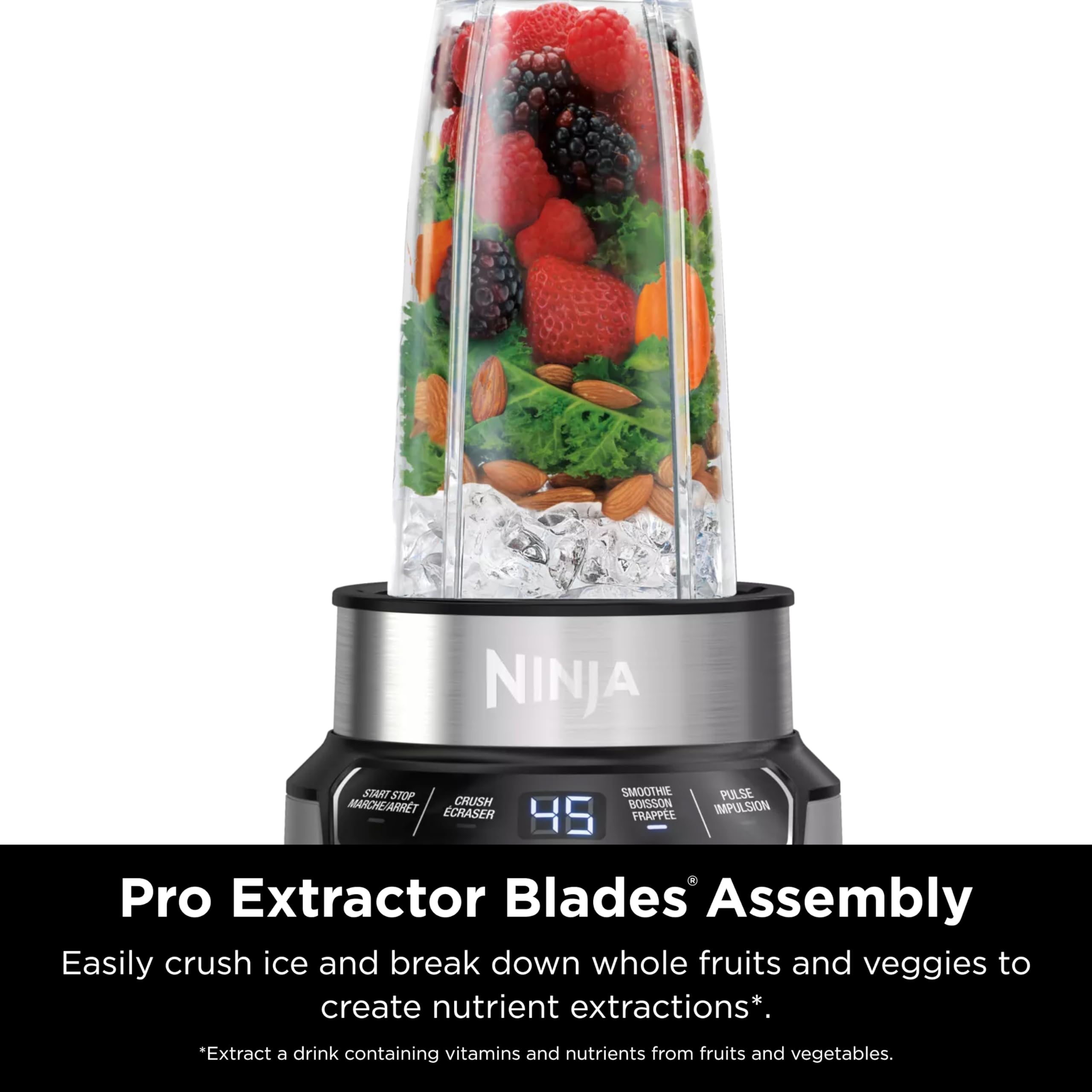 Ninjas | Licuadora | NutriPro | Servicio individual | Para batidos, salsas, batidos y bebidas congeladas | Incluye 2 tazas para batidos y tapas | Tritura hielo, frutas y verduras | Plata | BN401
