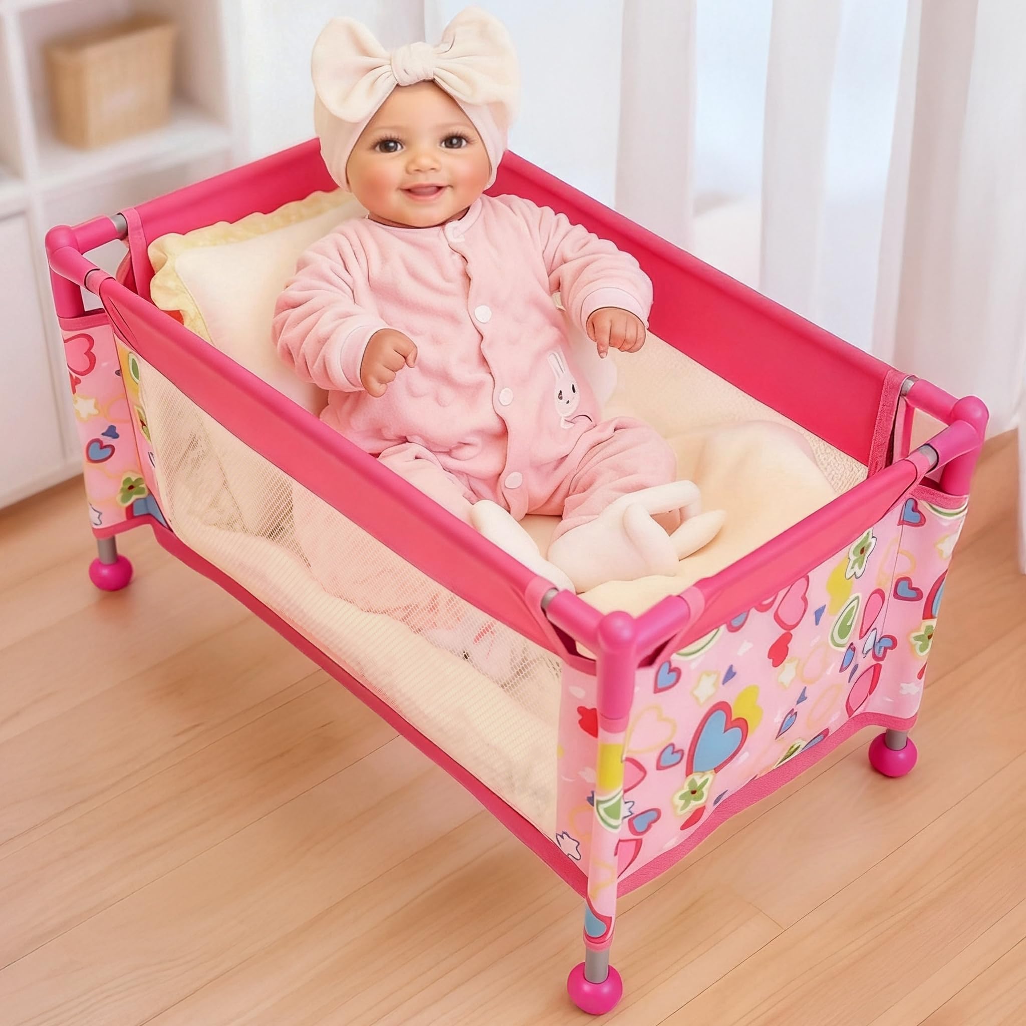 Photo 1 of BABESIDE Baby Doll Crib with Storage Bag,Foldable Playpen Baby Doll Bed for 18" Reborn Dolls, Reborn Babies Dolls Accessories for Girls Age 3+,Pack n Play Toy Gift for Kids,Pink