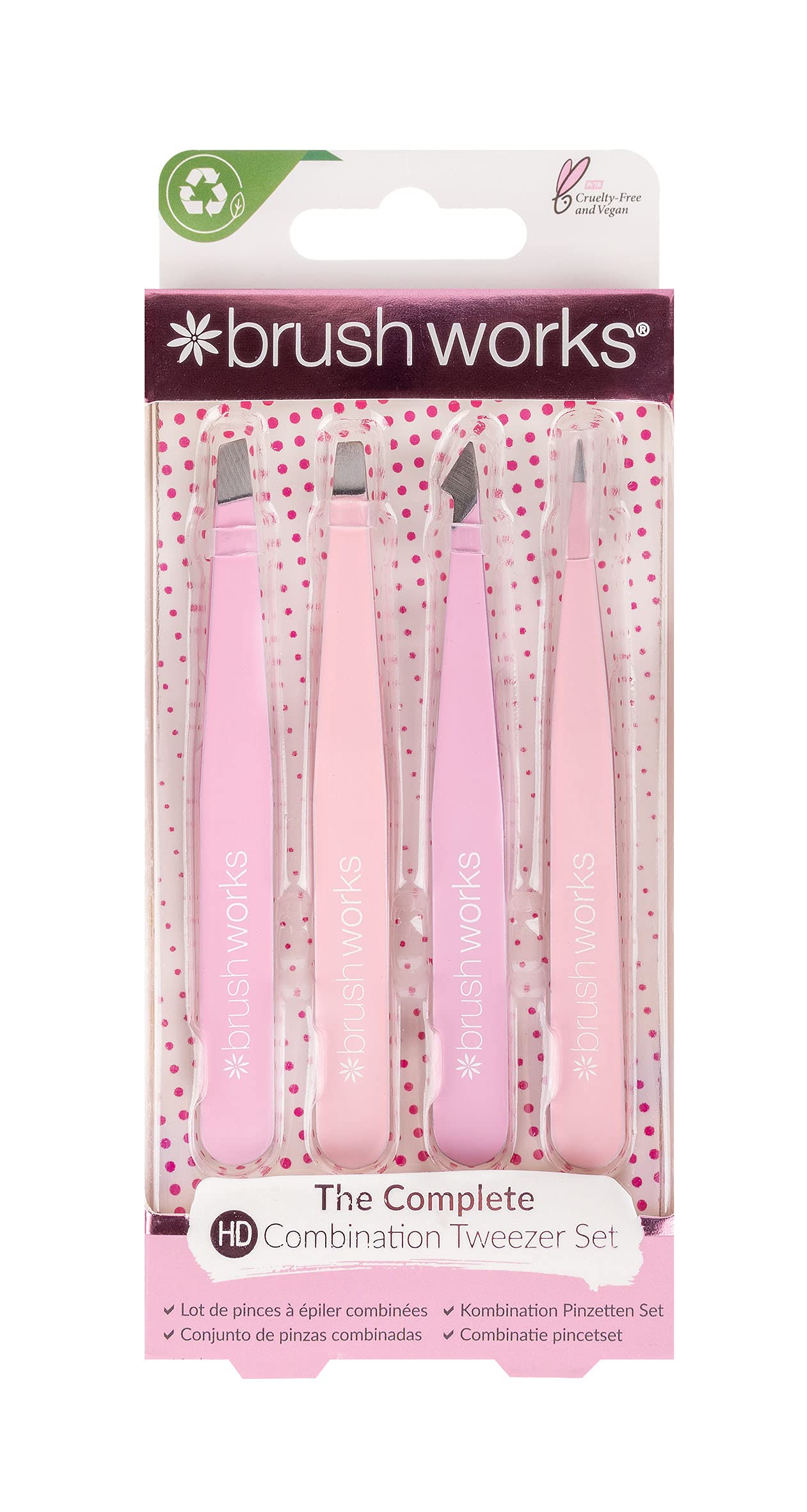 Brushworks 4 Piece Combination Tweezer Set - Pink, One Size, 52 56 369