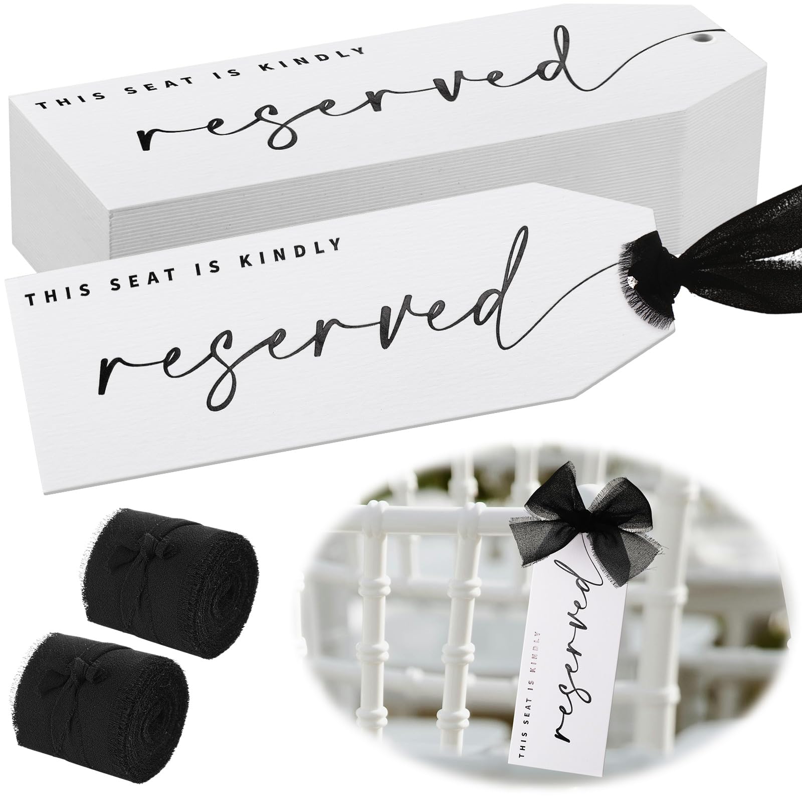 Photo 1 of AmazingSpark 24 Pcs Reserved Signs for Wedding Chairs with Ribbon Reserved Seating Signs Hanging for Wedding Ceremony Seat Cards for Important Events Church Pews Restaurant (Black,Stylish)