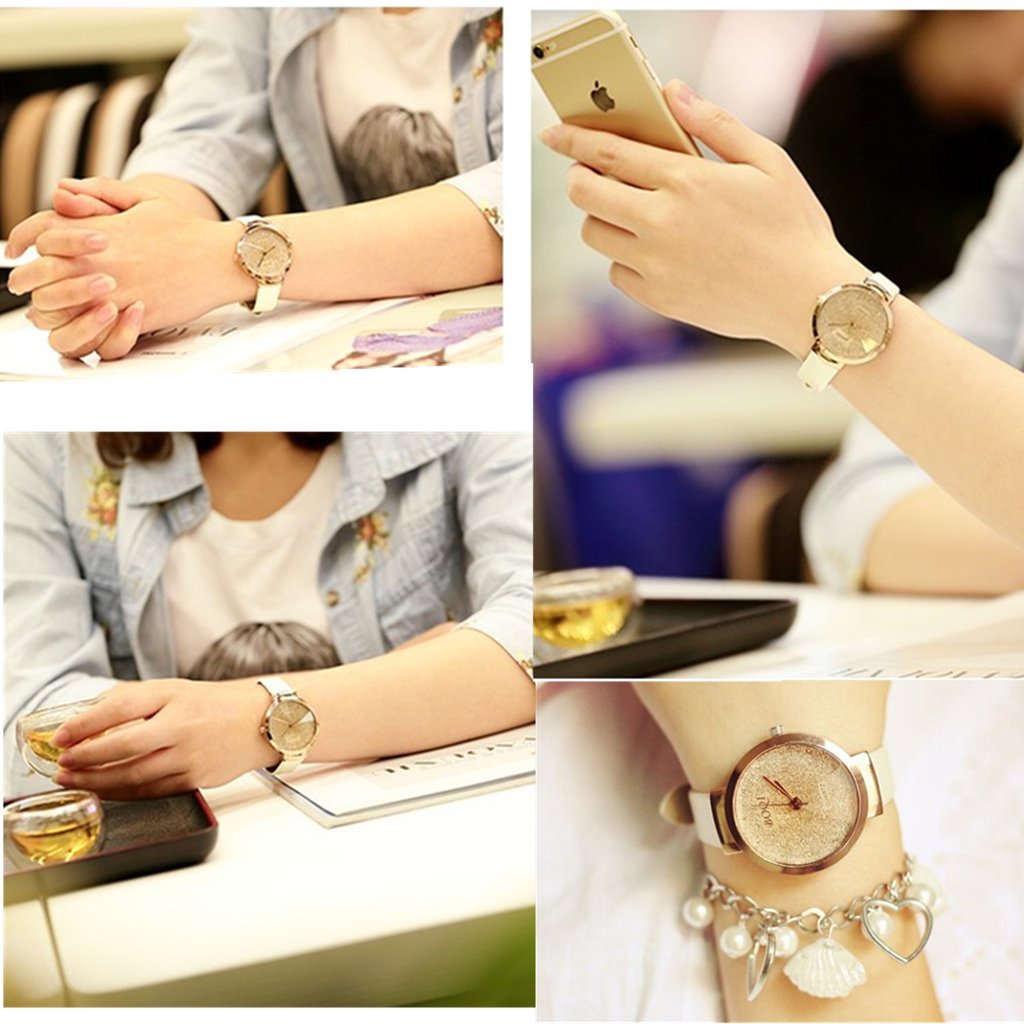 JSDDE Uhren,Elegante Damen Armbanduhr Braunglas Glitzer Dial XS Slim PU Leder-Band Ladies Dress Analog Quarzuhr,Weiss