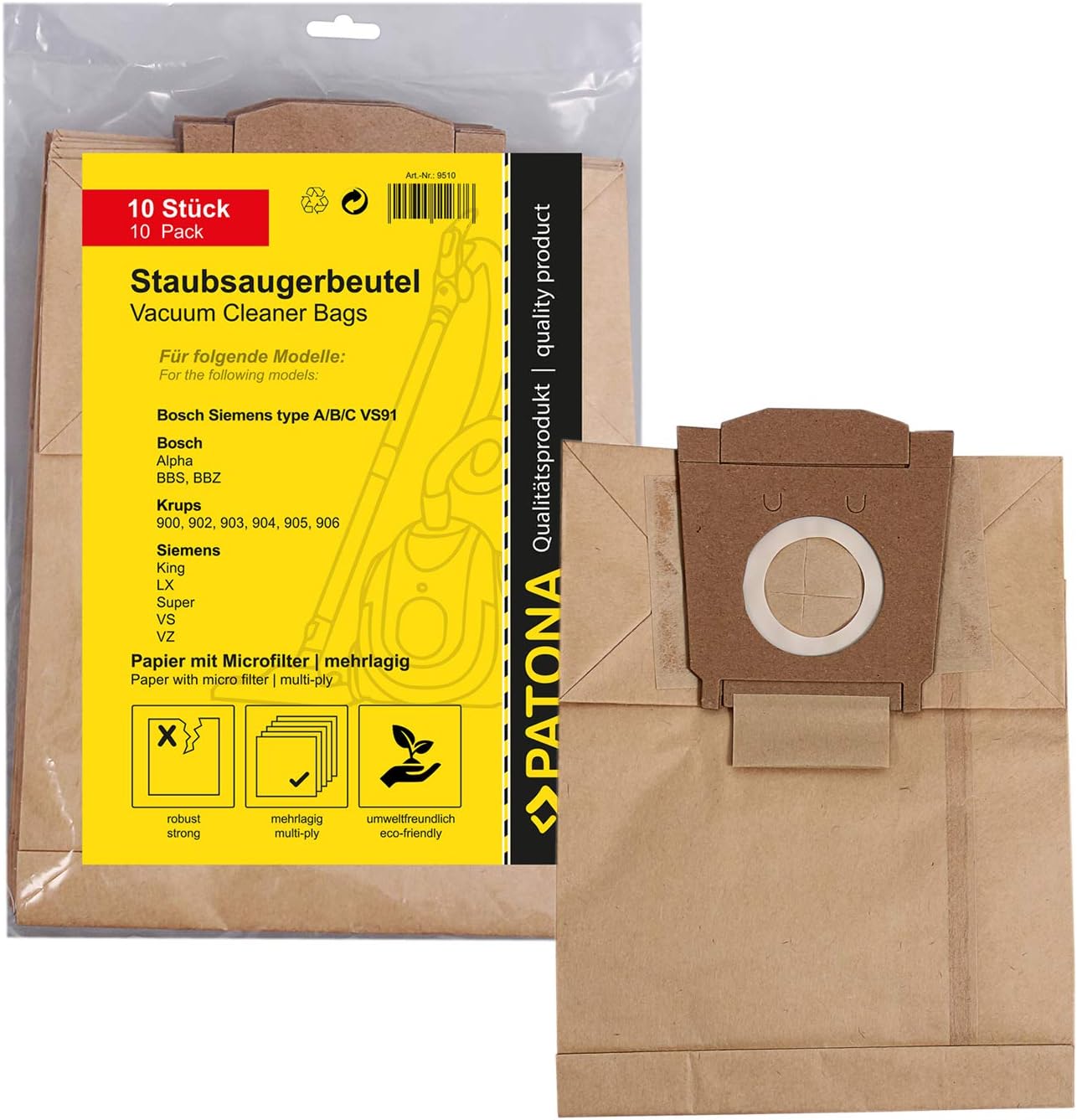 10x Vacuum Cleaner Bag paper per Bosch Dimension / Type A B C - BOSCH BSB 23 - alpha, BBS 23000 - 2399, alpha 23, BBS 3.. alpha, BBS 000 - 3999, alpha 30 - 39, BBS 4.. Maxima, BBS 4000 - 4999, Maxima 40 - 49, BBZ 23 AF, BBZ 25 Af, BBZ 3 AF 1 Type C, BBZ 3 AF 2 Type B, BBZ 4 AF 1, BBZ 4 AF 2 Type A and more... [ incl Microfilter, tear-resistant, eco friendly ]