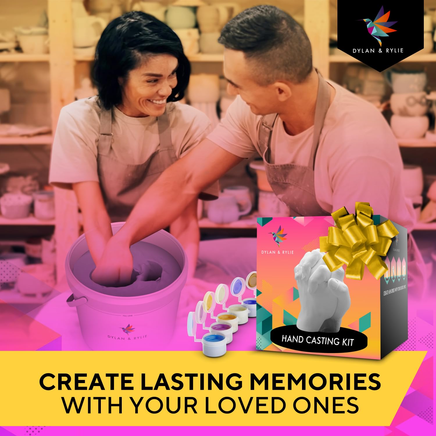 Dylan & Rylie Hand Casting Kit for Couples with Base - Complete DIY Plaster Hand Mold Kit for Couples & Painting Set w/Practice Kit & Mounting Plaque - Gift for Anniversary, Wedding & Birthday