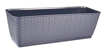 Prosperplast Blumentopf Blumenkasten Balkonkasten Rattan Optik inklusive Untersetzer anthrazit, 40 cm, schwarz, 39 x 15 x 14 