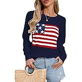 Womens American Flag Sweater, Long Sleeve Crewneck Colorblock Striped Pullover with Drop Shoulder - Casual Knitted Sweaters
