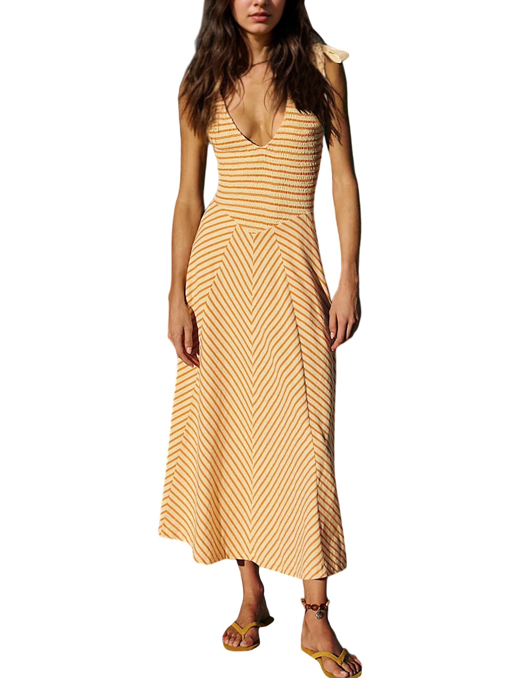 Photo 1 of (used/fair) (bagged) MISSACTIVER Striped Smocked Flowy Midi Dress for Women Summer Sleeveless V Neck Tie Straps Backless Beach Long Dresses Yellow S