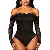 WDIRARA Women's Off Shoulder Floral Lace Bodysuit Mesh Long Sleeve Leotard Top