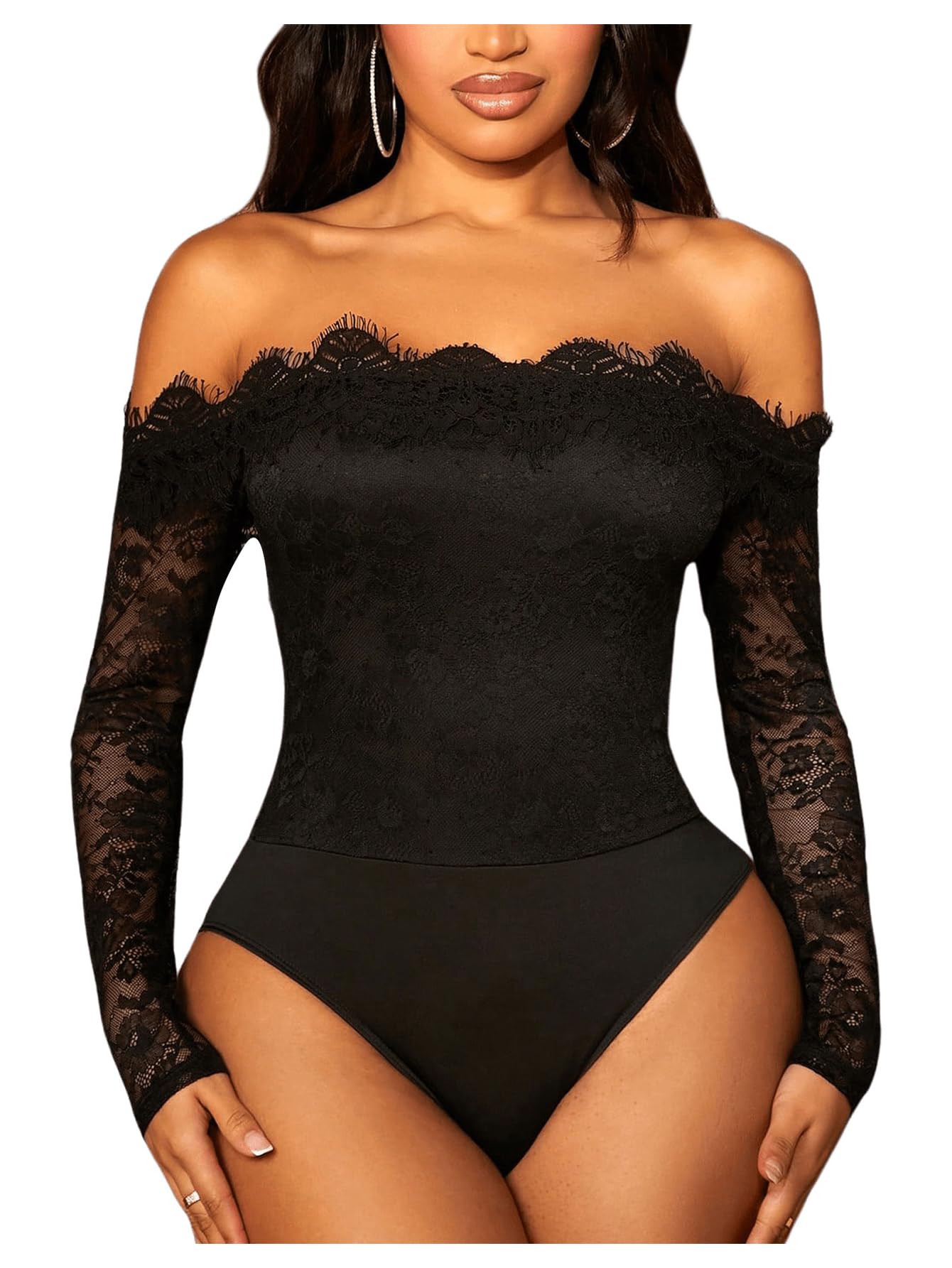 Photo 1 of WDIRARA Women's Off Shoulder Floral Lace Bodysuit Mesh Long Sleeve Leotard Top Black Medium