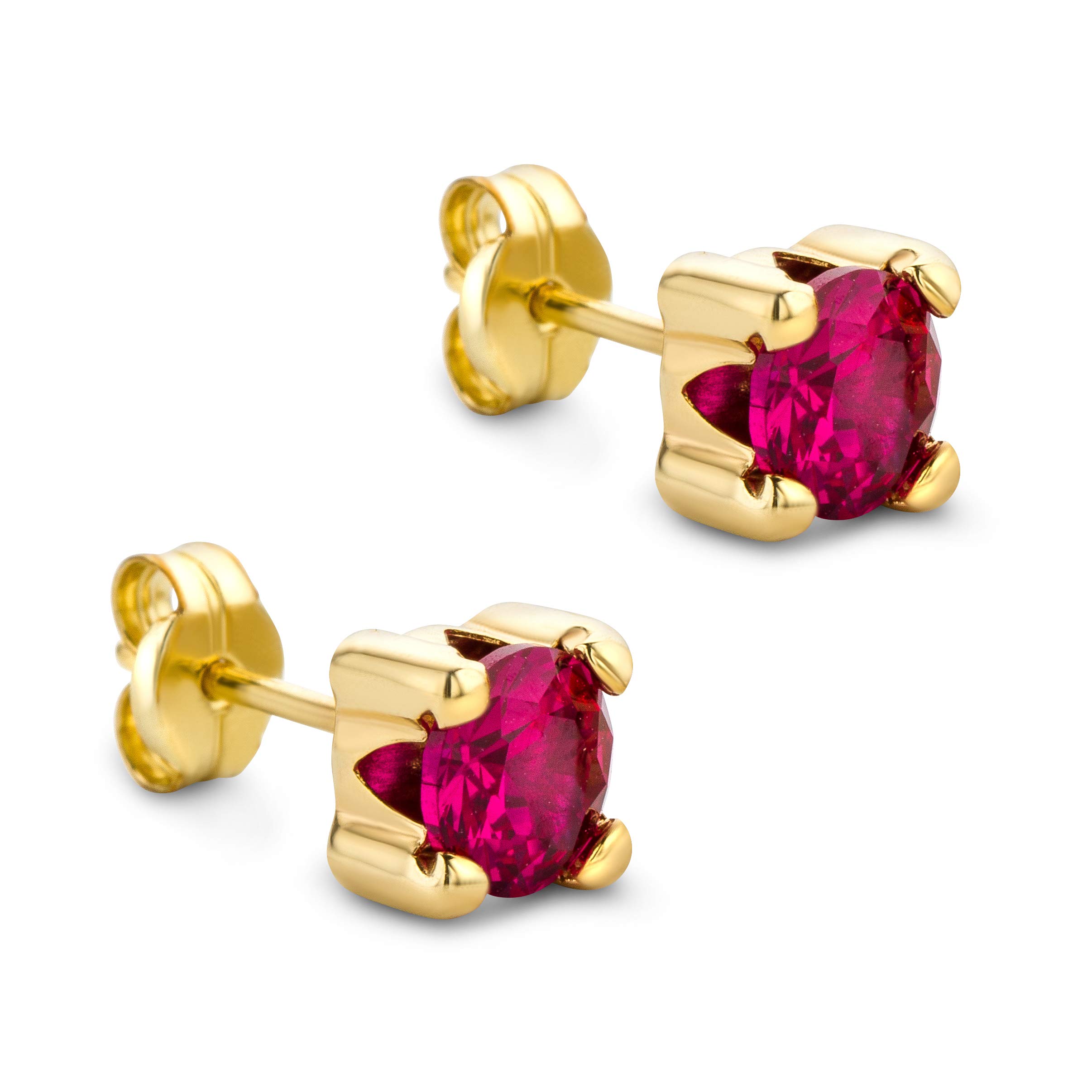 Orovi Square-Shaped Yellow Gold Earrings for Women with Rubies in 9 Carat Gold, Hypoallergenic Earrings - Handmade studs with jewellery box