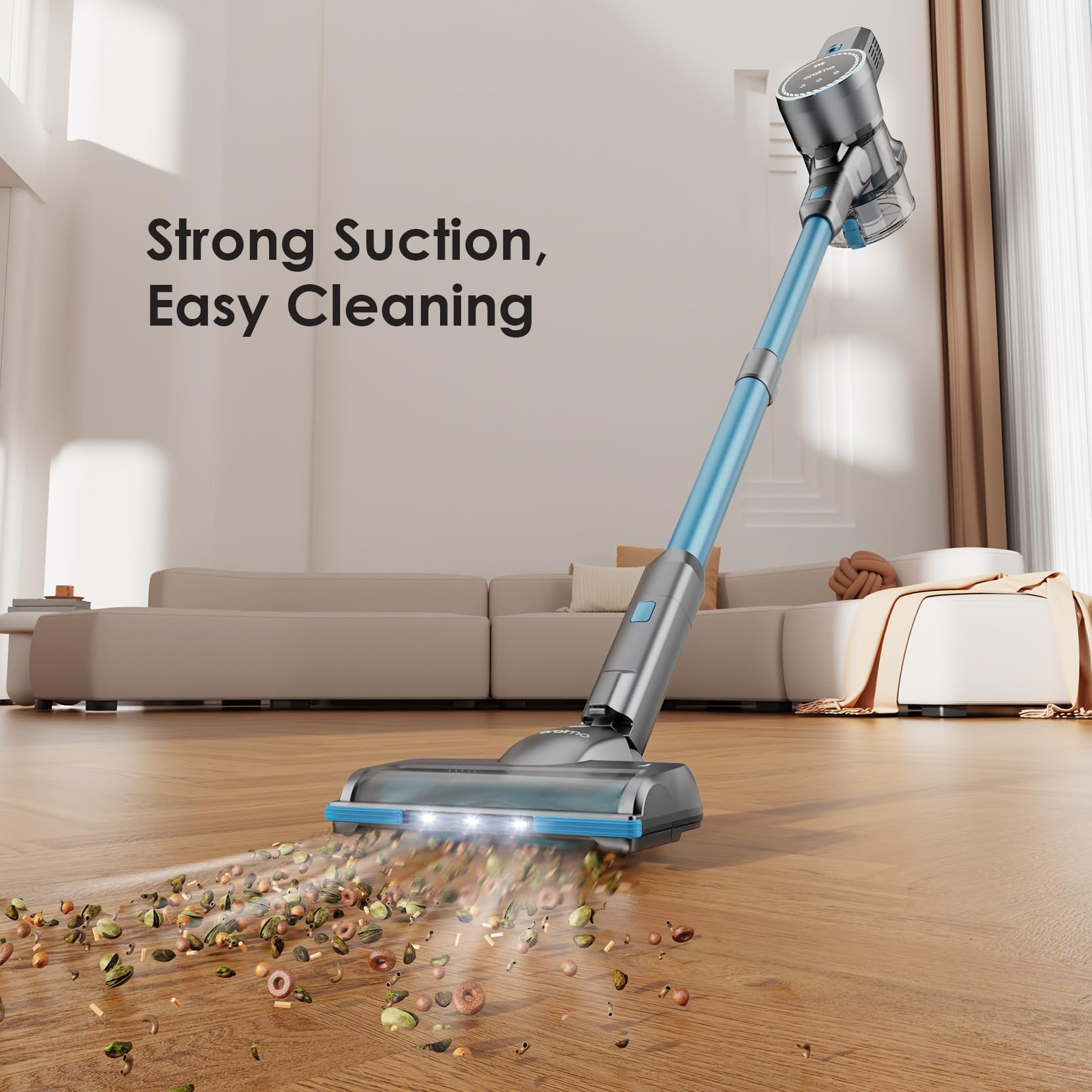 Oraimo Cordless Vacuum Cleaner, 45 Mins Max Runtime, Stick Vacuum 270W/ 24Kpa, LED Display with Battery Indicator, 3 Power Suction, Self-Standing, Anti-entangle Floor Brush (Grey)
