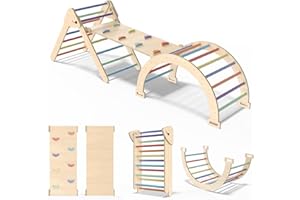 CMFYDAILY 7 in 1 Montessori Pikler Triangle Set, Foldable Wooden Pickler-3 Piece Baby Climbing Gym Toddler Climbing Toys Indoor with Arch, Ramp, Ladder