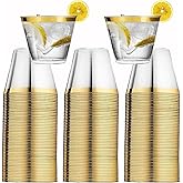 100 Gold-Rimmed Plastic Cups - 9 Oz Old Fashioned Tumblers for Party, Cocktail Glasses, Drinking Cups, Wedding - Clear With G